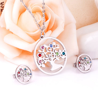 Simple Style Tree Stainless Steel Plating Zircon Earrings Necklace 1 Set