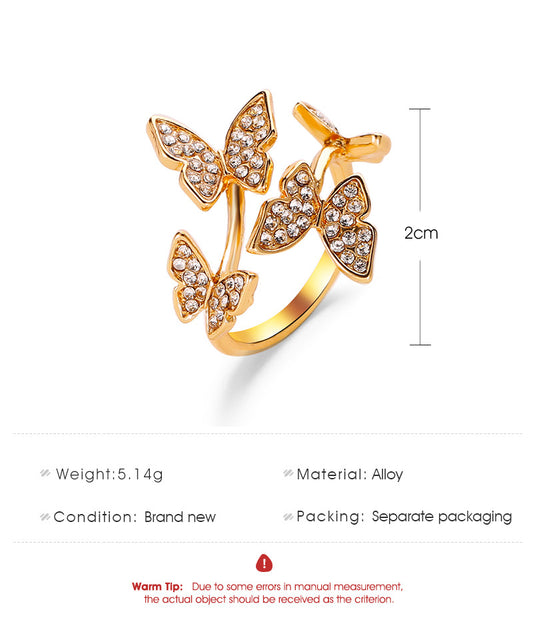 New Opening Ring Hand Ornament Full Diamond Four Butterfly Ring Finger Opening Ring Wholesale Nihaojewelry