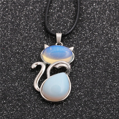 Casual Cute Cat Stainless Steel Plating Inlay Natural Stone Crystal Glass Pendant Necklace Long Necklace