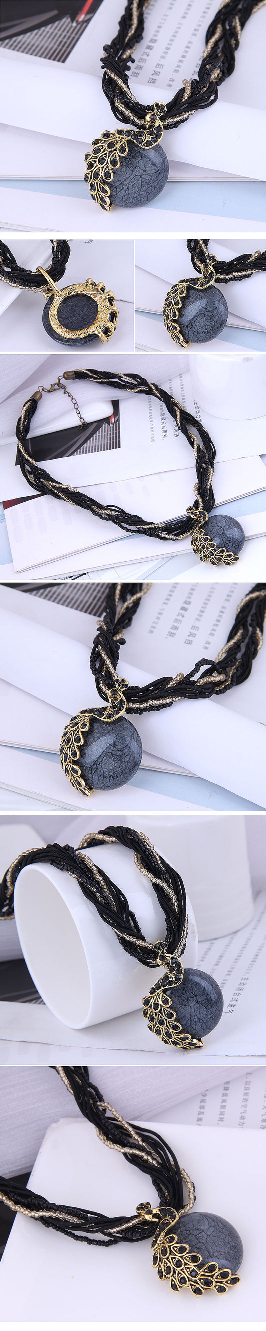 Bohemian Style Peacock Gem Pendent Multi-layer Braided Necklace Wholesale Nihaojewelry