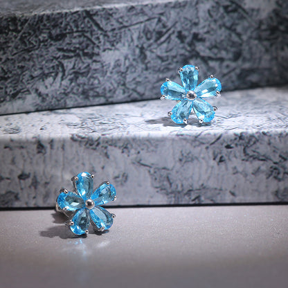 Korean Flower Shaped Inlaid Semi-precious Stone Copper Earrings