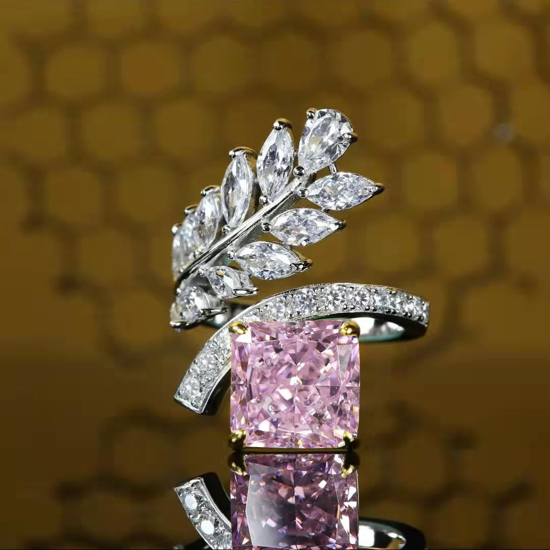 Fashion Inlaid Zircon Leaf Yellow Diamond Ring Ice Flower Copper Ring