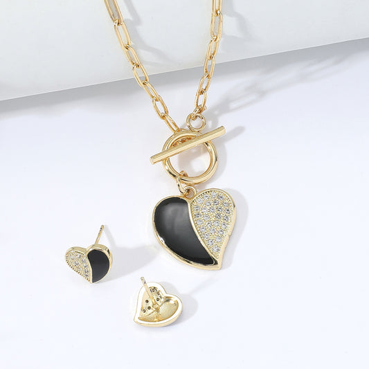 Fashion Black Heart T-shaped Stud Earrings Necklace Set