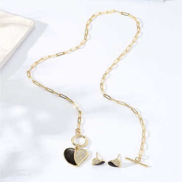 Fashion Black Heart T-shaped Stud Earrings Necklace Set