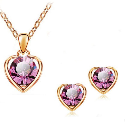 Fashion Simple Crystal Heart Pendent Alloy Necklace Earrings Set