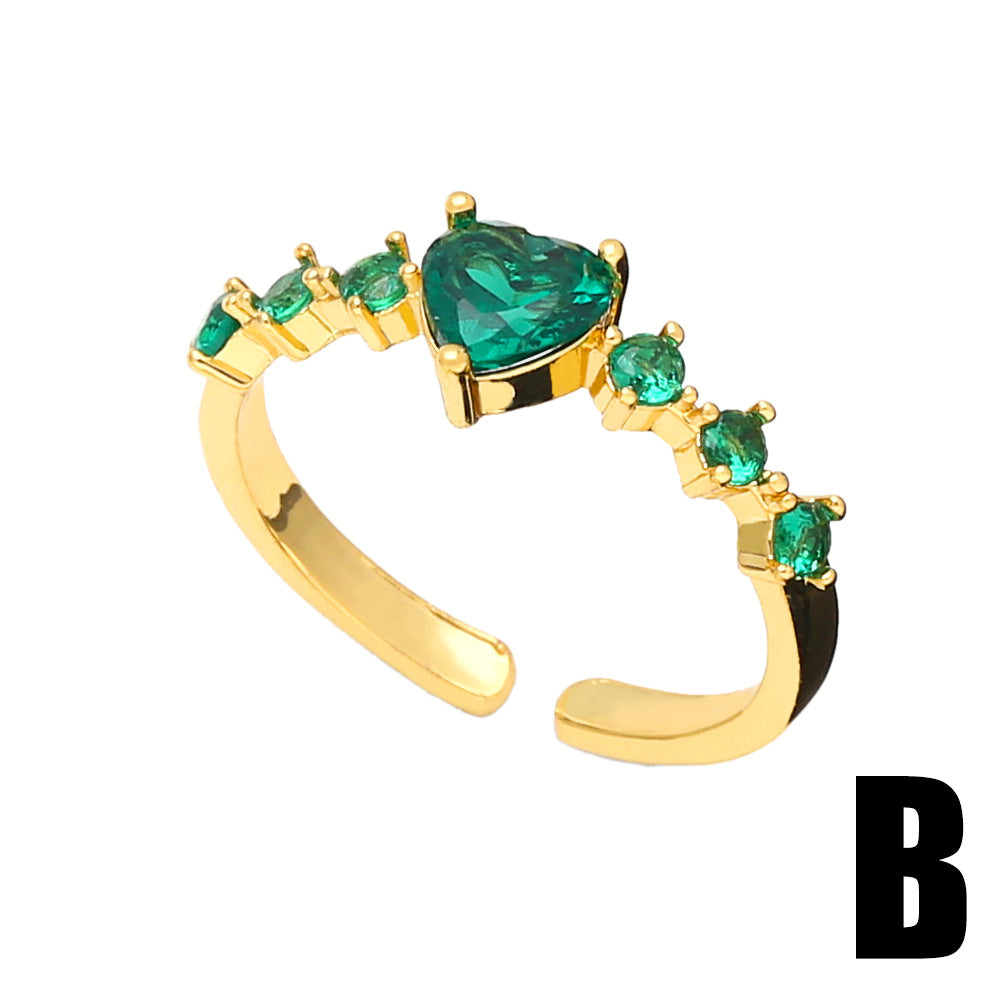Fashion Emerald Malachite Green Zircon Green Diamond Cross Heart-shaped Ring Copper