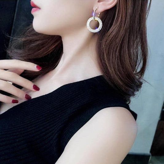 Silver Needle Rhinestone Circle Long Earrings Elegant Korean Personalized Eardrops European And American High-profile Earrings Women Wholesale