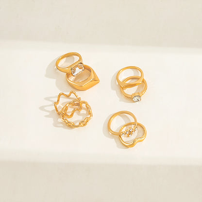Fashion Irregular Concave Convex Texture Twist Diamond-embedded Geometric Ring 8-piece Set