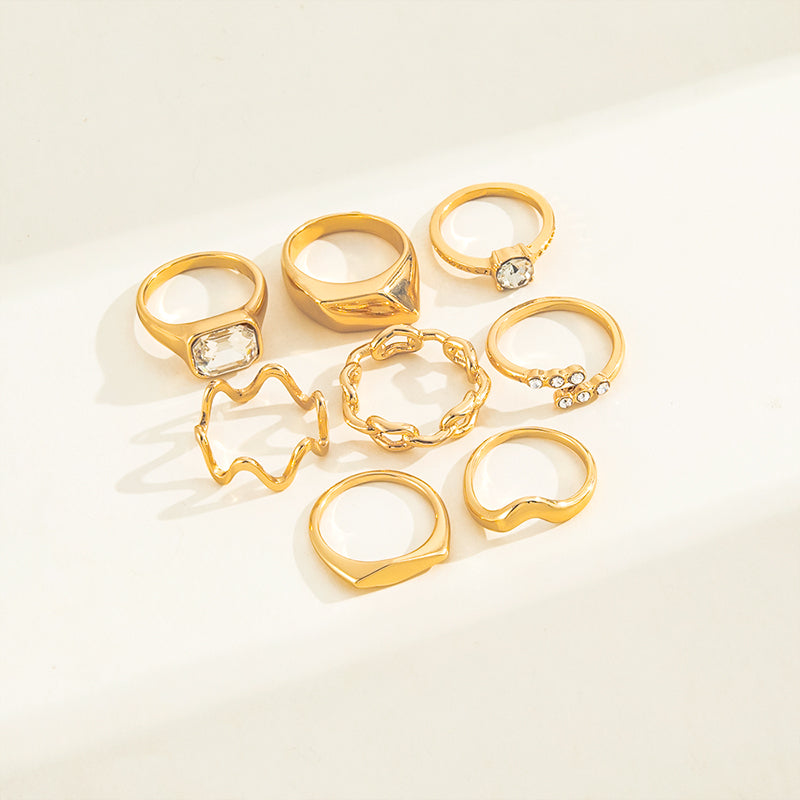 Fashion Irregular Concave Convex Texture Twist Diamond-embedded Geometric Ring 8-piece Set