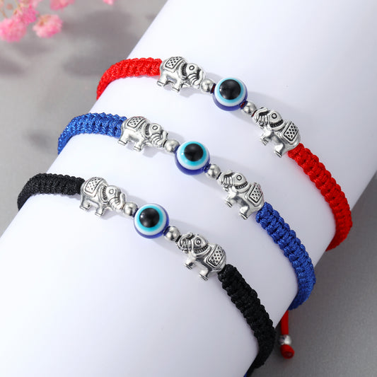 Fashion New Creative Silver Elephant Strap Eyes Round Beads Woven Adjustable Bracelet
