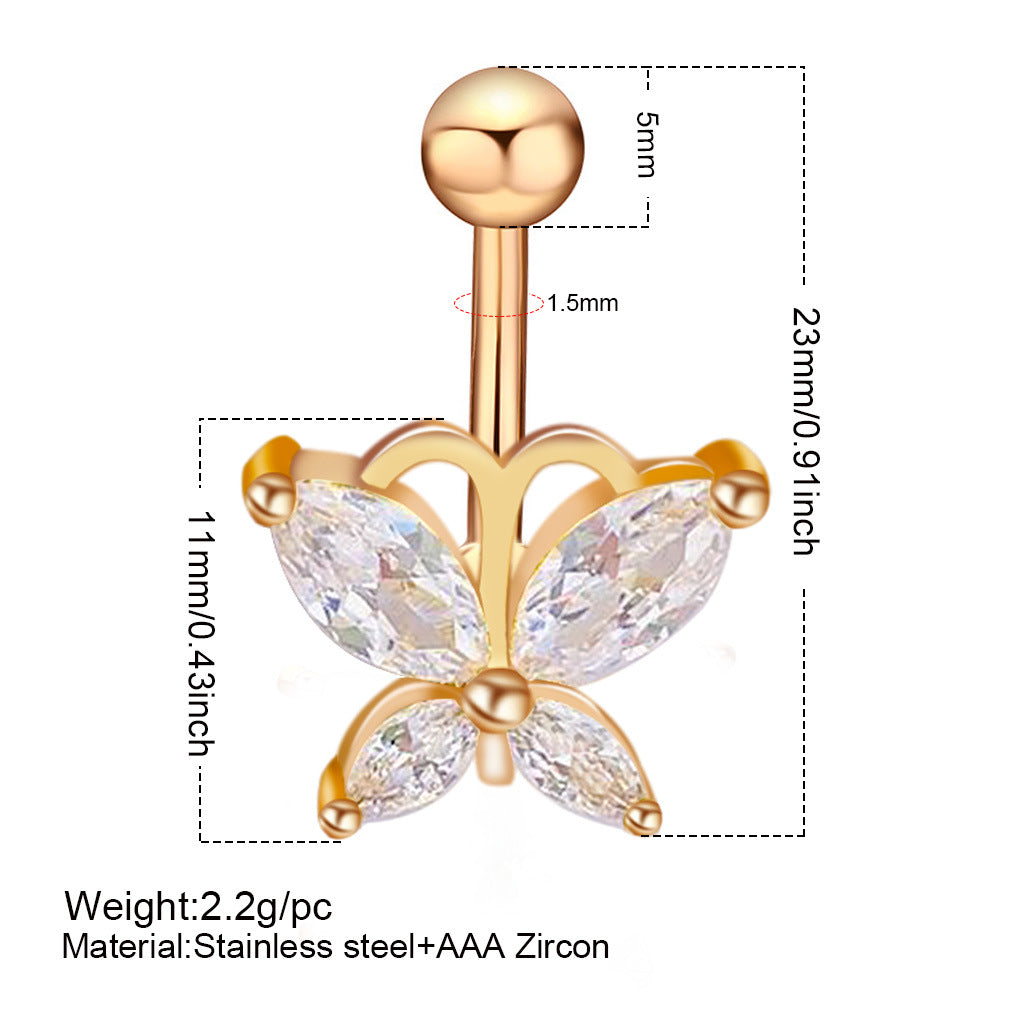 Fashion Star Heart Shape Butterfly Stainless Steel Inlay Zircon Belly Ring 1 Piece