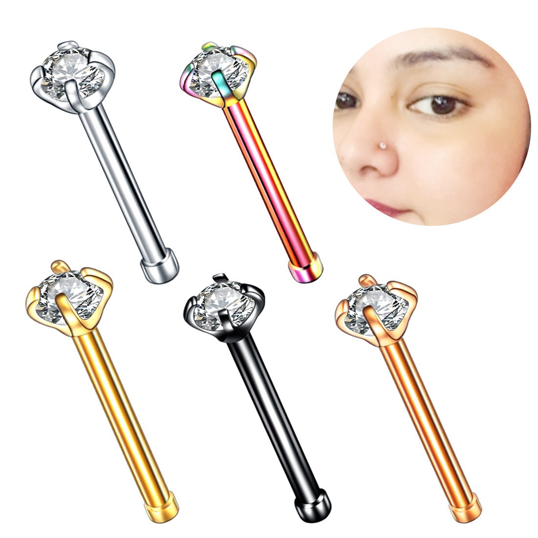 Simple Style Solid Color Stainless Steel Inlay Zircon Nose Studs 1 Piece