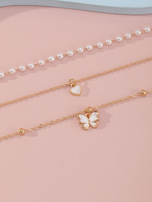 Cute Heart Shape Alloy Pearl Girl's Necklace 3 Pieces