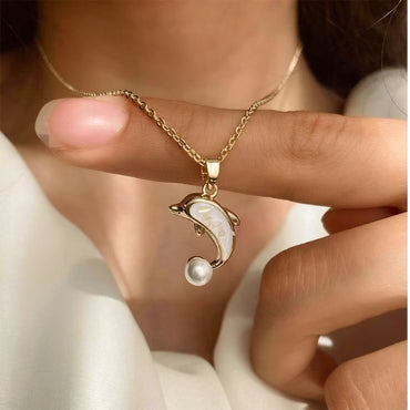 Ins Style Dolphin Alloy Inlay Pearl Women's Pendant Necklace