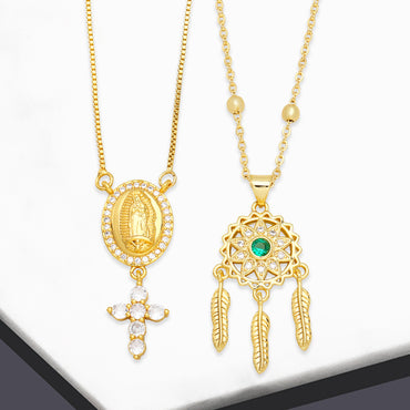 Fashion Cross Virgin Mary Dreamcatcher Copper Patchwork Gold Plated Zircon Pendant Necklace 1 Piece