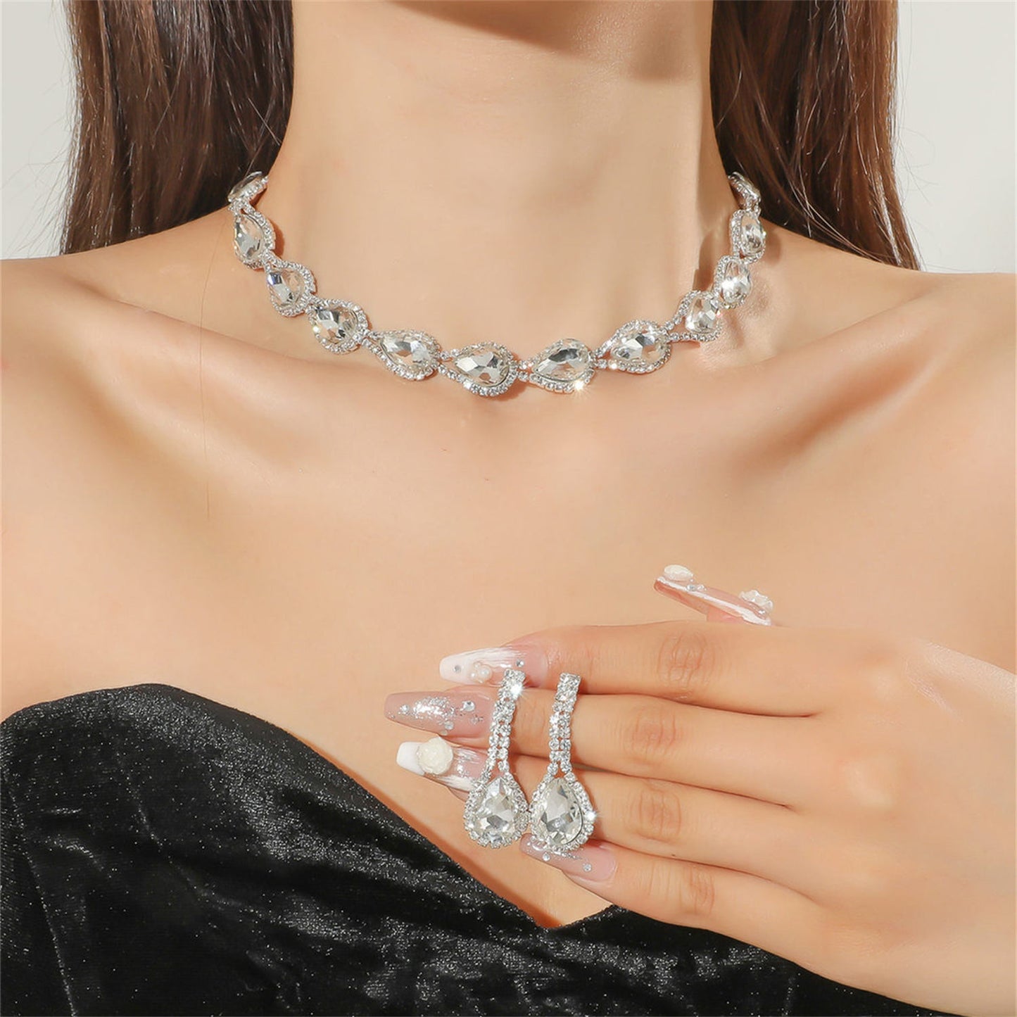 Fashion Woven Rhinestone Clavicle Bridal Jewelry Necklace And Earrings Set
