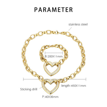 Fashion Heart Shape Titanium Steel Plating Hollow Out Inlay Zircon Bracelets Necklace