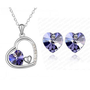 Fashion Jewelry Colorful Peach Heart Crystal Pendant Necklace Earrings Set