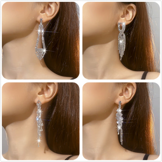 Luxurious Geometric Rhinestone Tassel Drop Earrings 1 Pair