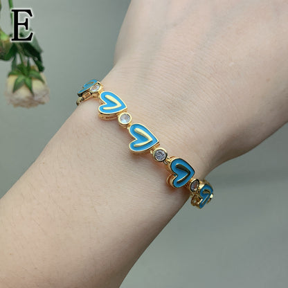 Ethnic Style Heart Shape Copper Enamel Plating Inlay Zircon Bracelets 1 Piece