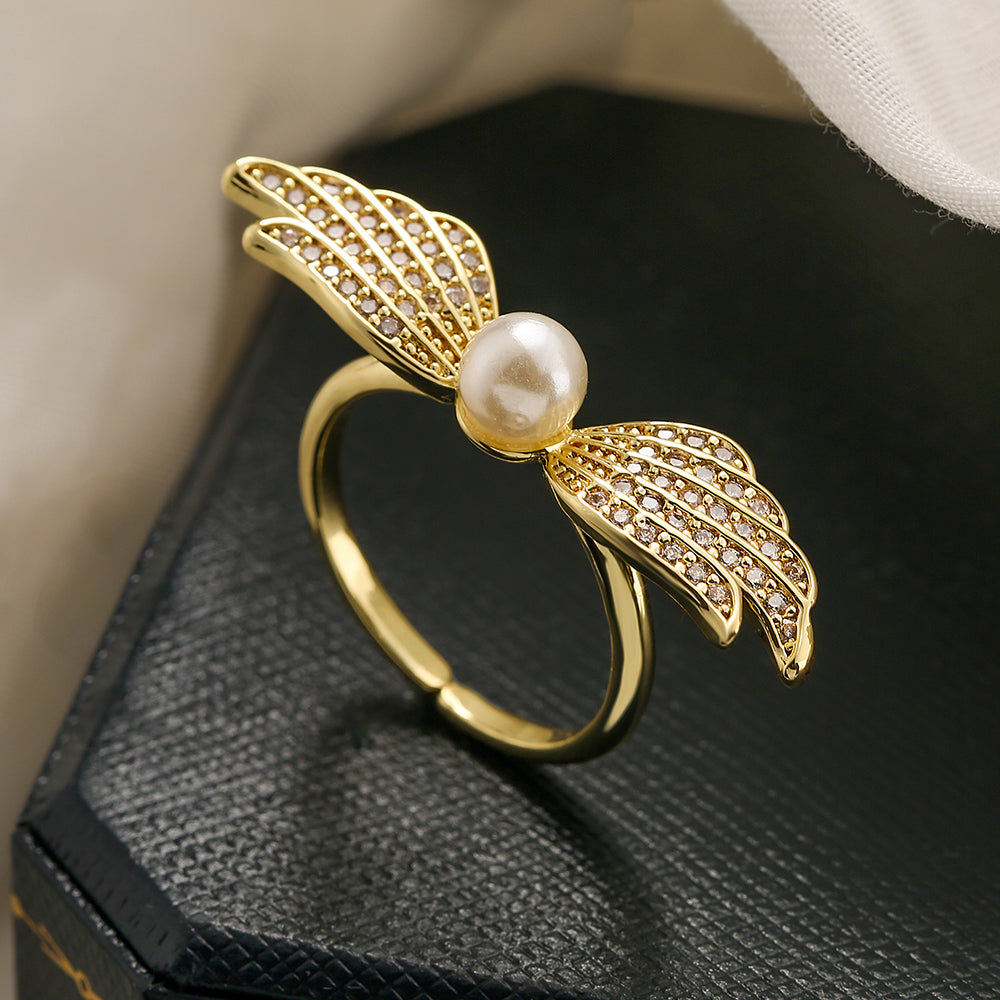 1 Piece Fashion Wings Copper Inlay Artificial Pearls Zircon Open Ring