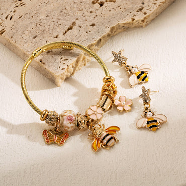 Wholesale Sweet Devil's Eye Heart Shape Bee Stainless Steel Alloy Inlay Artificial Pearls Zircon Bracelets Earrings