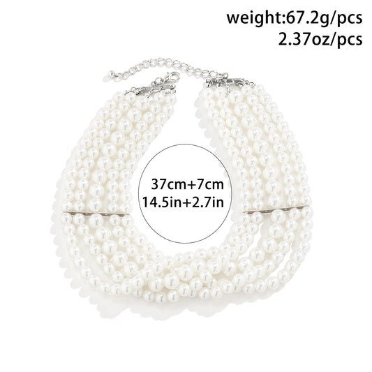 Elegant Round Artificial Pearl Copper Beaded Layered Metal Button Women's Choker