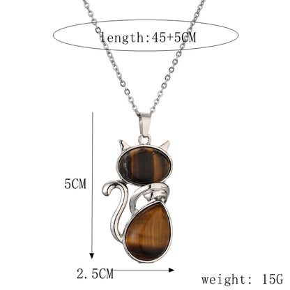 Casual Cute Cat Stainless Steel Plating Inlay Natural Stone Crystal Glass Pendant Necklace Long Necklace