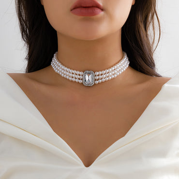 Wholesale Jewelry Elegant Rectangle Imitation Pearl Alloy Glass Choker