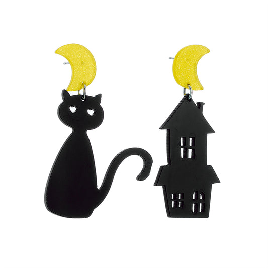 1 Pair Cartoon Style Funny House Moon Cat Asymmetrical Hollow Out Arylic Drop Earrings