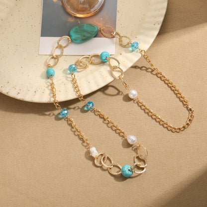 Retro Commute Round Arylic Natural Stone Freshwater Pearl Beaded Women's Sweater Chain Long Necklace