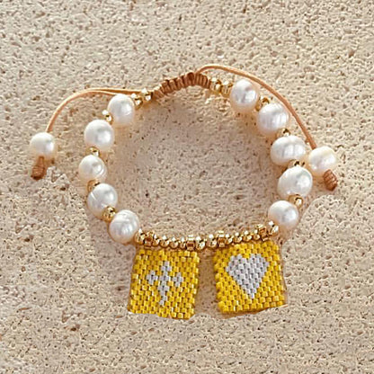 Casual Cross Peach Freshwater Pearl Glass Beaded Braid Bracelets