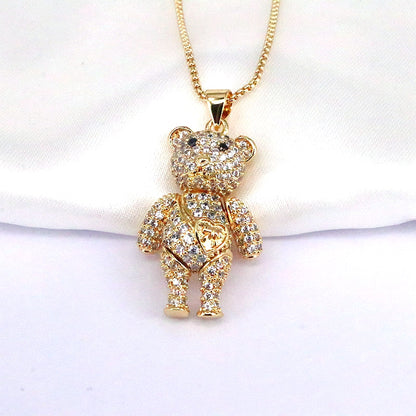 Hip-hop Retro Punk Little Bear Copper Plating Inlay Zircon Gold Plated Pendant Necklace