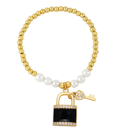 Classic Style Korean Style Key Lock Imitation Pearl Copper Enamel Plating Inlay Zircon Bracelets