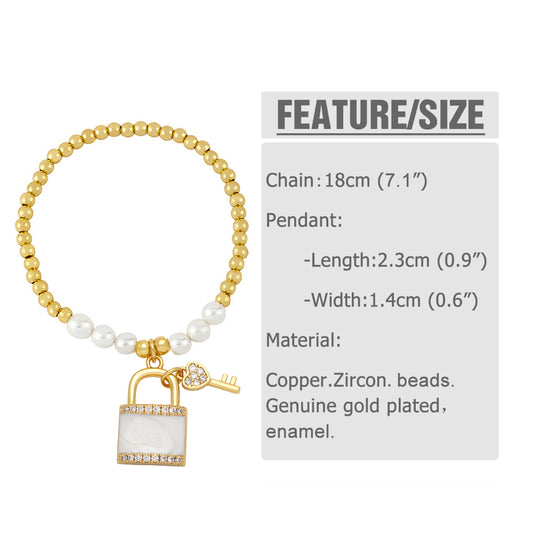 Classic Style Korean Style Key Lock Imitation Pearl Copper Enamel Plating Inlay Zircon Bracelets
