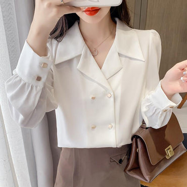 Women's Blouse Long Sleeve Blouses Double Button Patchwork Button Elegant Sexy Solid Color