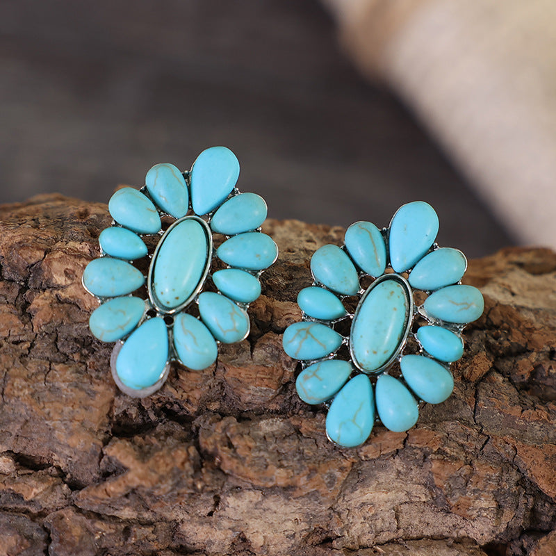 1 Pair Retro Exaggerated Water Droplets Inlay Alloy Turquoise Ear Studs