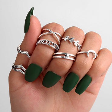 Simple Moon Leaf Geometric Alloy Plating Silver 7-piece Set Ring