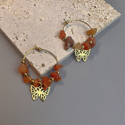 1 Pair Bohemian Leaf Sun Butterfly Stainless Steel Gravel Earrings