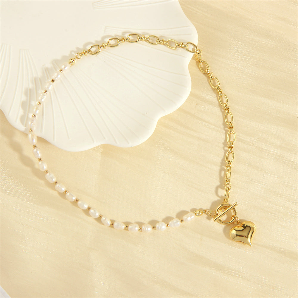 Elegant Heart Shape Freshwater Pearl Copper Toggle Beaded Plating 18k Gold Plated Pendant Necklace