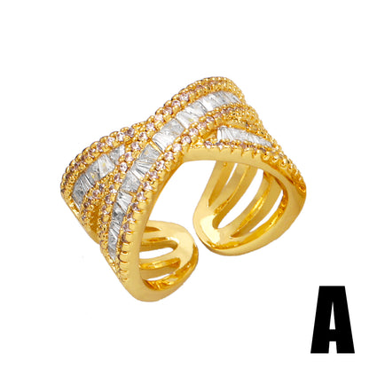 Ig Style Commute Cross Flower Copper Plating Inlay Zircon 18k Gold Plated Open Rings