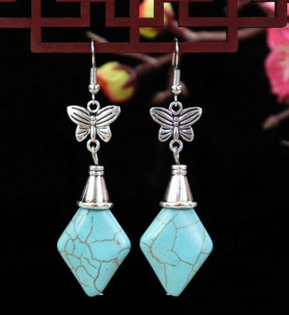 1 Pair Elegant Lady Ethnic Style Owl Flower Butterfly Turquoise Drop Earrings