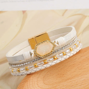 Simple Style Commute Hexagon Pu Leather Alloy Plating Braid Inlay Zircon Gold Plated Women's Bangle