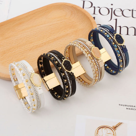 Simple Style Commute Hexagon Pu Leather Alloy Plating Braid Inlay Zircon Gold Plated Women's Bangle