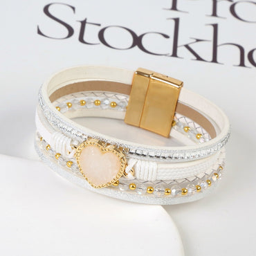 Casual Simple Style Heart Shape Pu Leather Alloy Inlay Rhinestones Women's Wristband