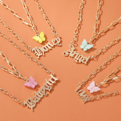 Double Acrylic Butterfly Necklace Fashion Alphabet Angel Pendant Baby Girl English Alphabet Necklace Wholesale Nihaojewelry