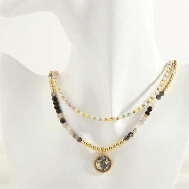 Bohemian Star Moon Glass Copper Enamel Plating Inlay Zircon 18k Gold Plated Women's Pendant Necklace