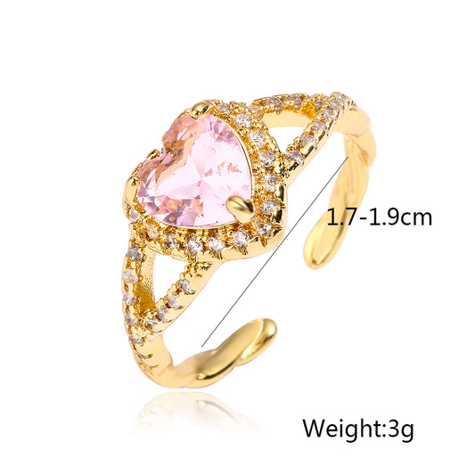 Elegant Sweet Heart Shape Copper 18k Gold Plated Zircon Open Rings In Bulk