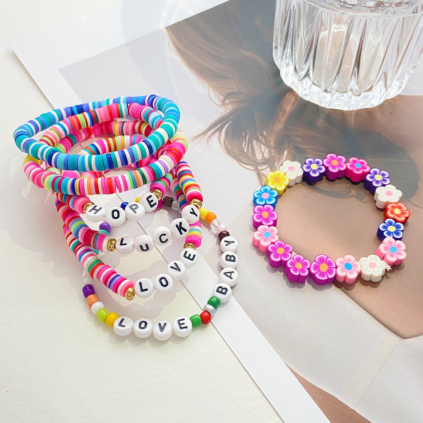 Ethnic Style Simple Style Letter Colorful Flower Beaded Soft Clay Wholesale Bracelets