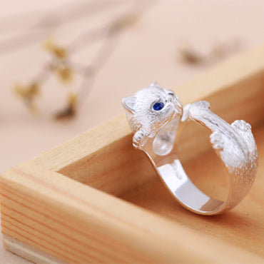 Cute Cat Silver Plated Rhinestones Alloy Wholesale Open Rings